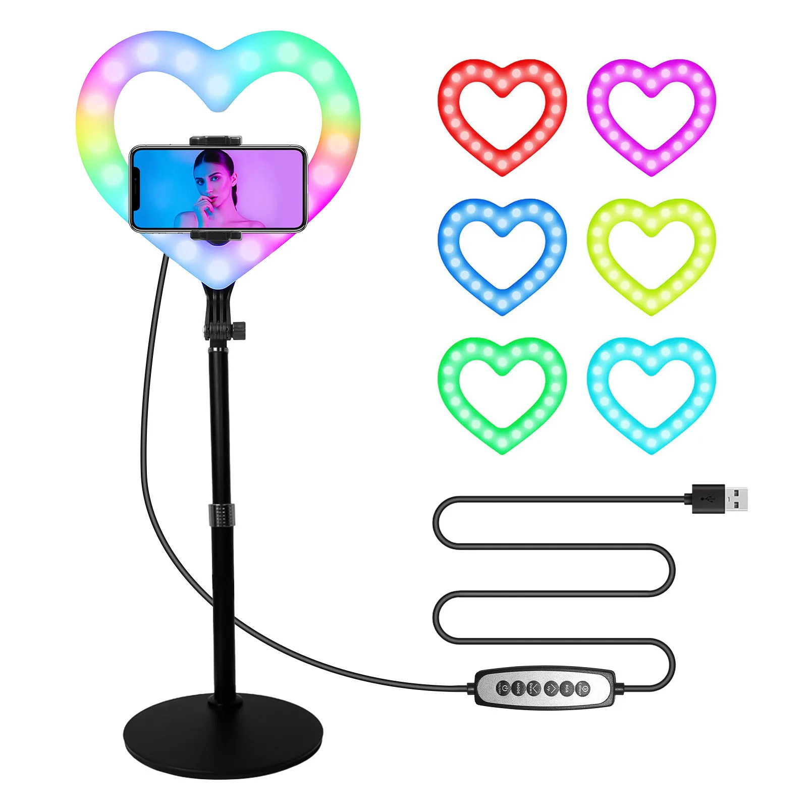 

Desktop Tripod/bracket 10 Inch RGB Video LED Light Heart-Shaped Dimmable USB Powered Phone Holder Photography Lamp Photo Studio