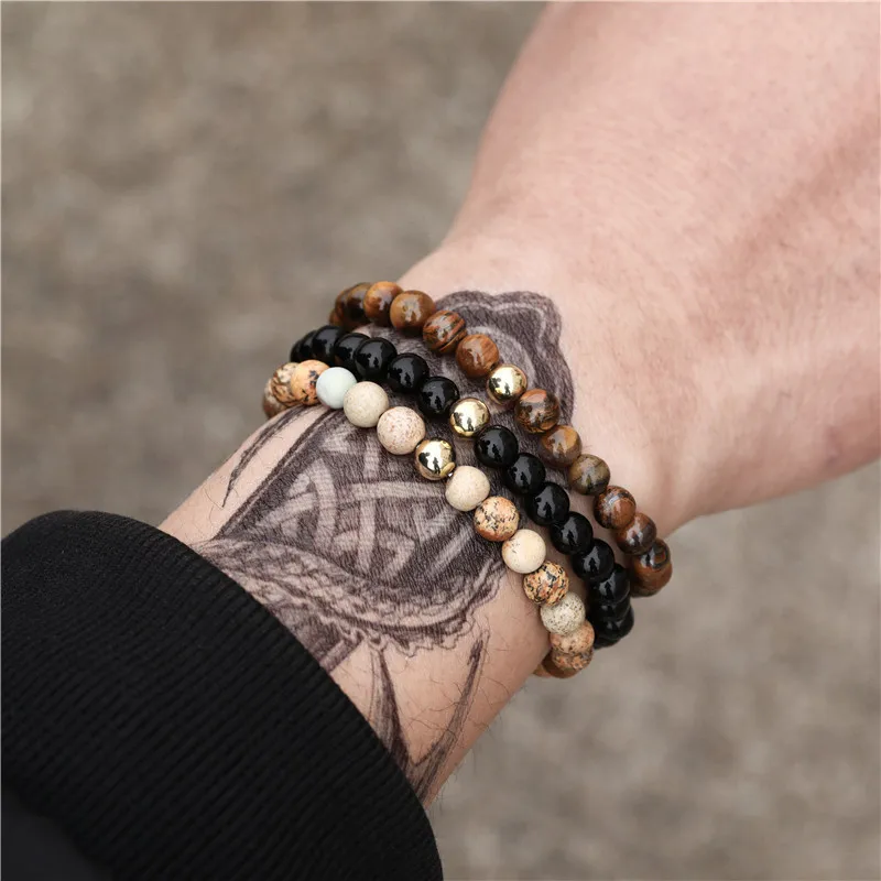 

Wish Best Selling 3Pcs/Set 6mm Tiger Eye Stone Beads Bracelets Stretchable Copper Beads Bracelets Black Obsidian Bracelets