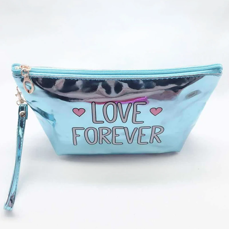 

Shiny Metallic Mirror Surface PU Leather Love Forever Print Travel Zipper Cosmetic Pouch Bag with Mini Mirror, 5 choices