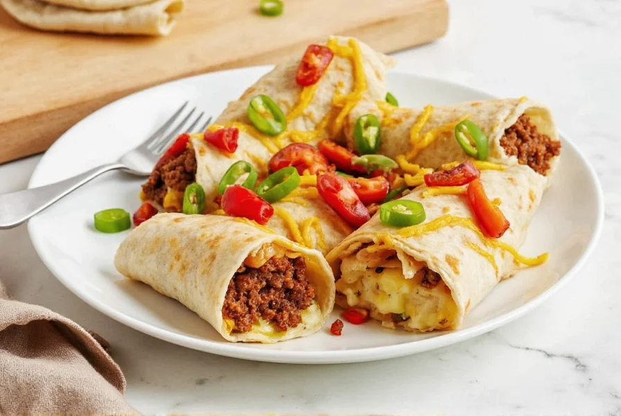 Close-up of a freshly made chorizo breakfast burrito