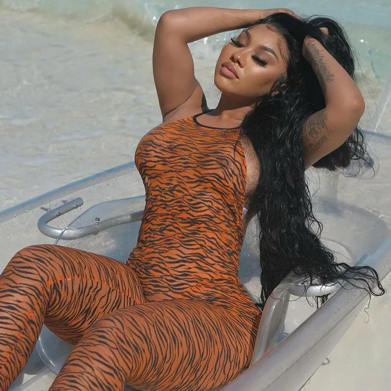 

M6925 - bodycon fashion sexy mesh printed sleeveless backless women jumpsuit