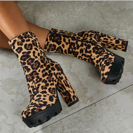 

Plus size boots sexy leopard print pointed toe thick heel women boots shoes