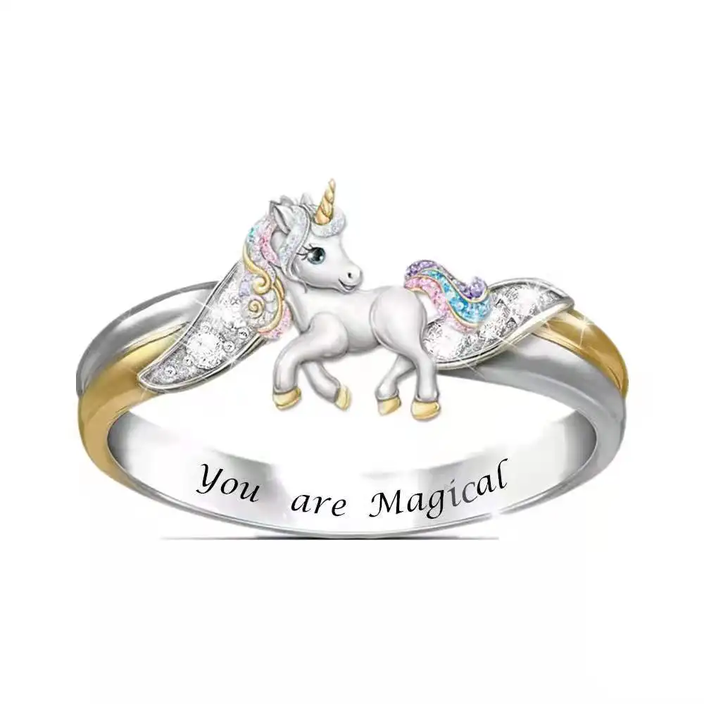 

Hot sale fashion cartoon unicorn lettering message animal lady jewelry ring