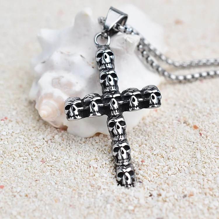 

Religious Antique Stainless Steel Skull head Cross Chains men Necklace, As picture