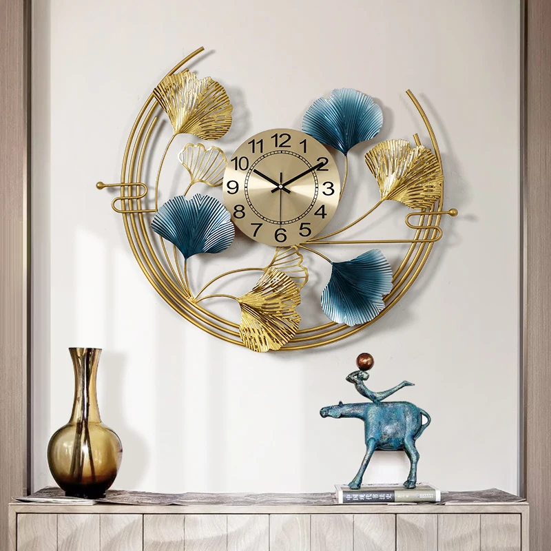 

Round Ginkgo Biloba Wall Decoration Clocks New Luxury Metal Wall Clock For Living Room, As photo