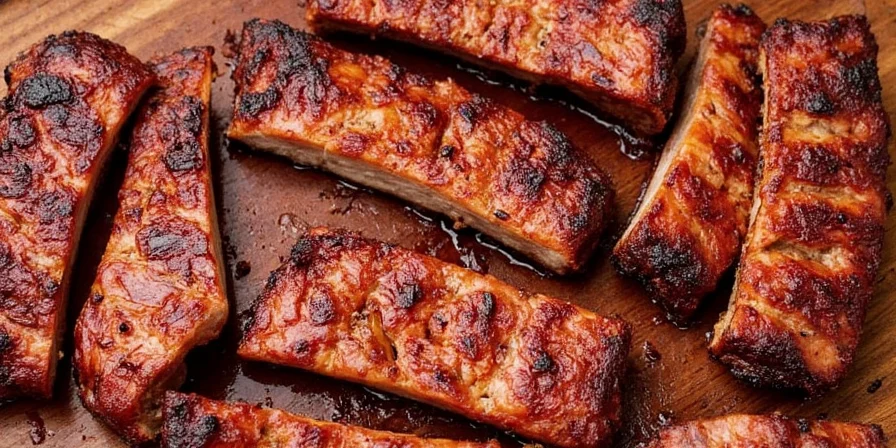 Assorted pork ribs on a wooden board