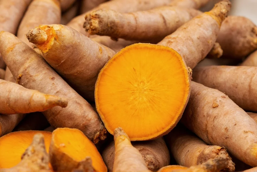 Close-up photograph of fresh turmeric rhizomes showing vibrant orange interior and rough brown exterior