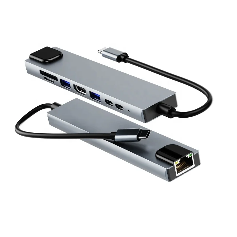 

USB Type C Hub 8 in 1 USB Hub Multi Function Adapter For MacBook Pro and Type C Laptops USB 3.0 Hub, Grey