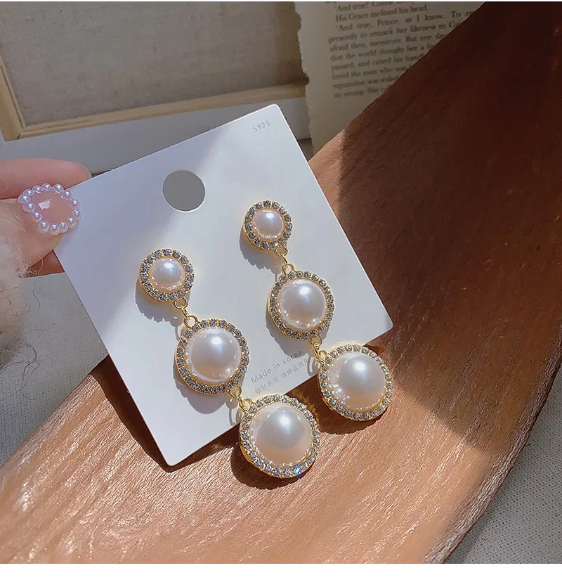 

JUHU New high-end pearl long earrings diamond fashion earrings personality exaggerated metal geometric jewelry for women, Gold
