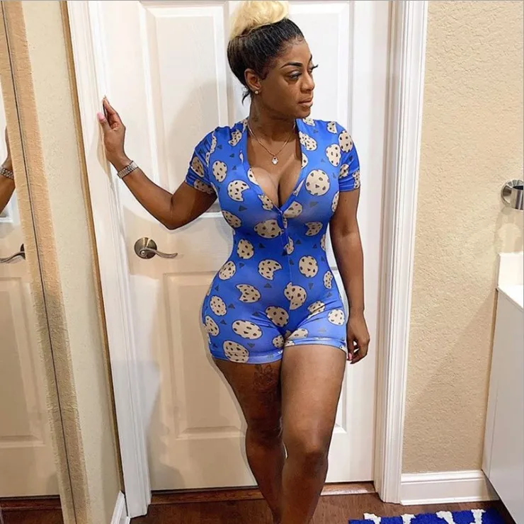 

High Elastic Adult Romper Pajamas Onesie Front Open Button Women Short Sleeve Rompers Deep V Neck Pajamas Onesie For Adults