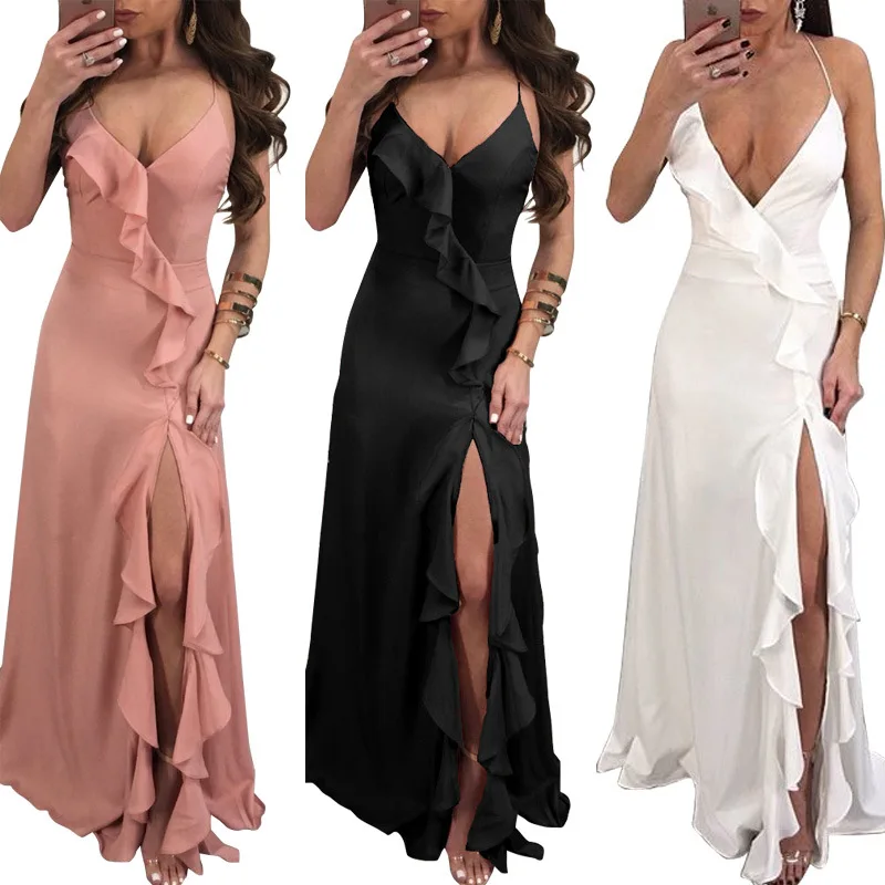 

Falbala Side Slit Long Dress Evening Sexy Deep V Neck Maxi Dresses Women Clothing Vestidos Mujer L0172