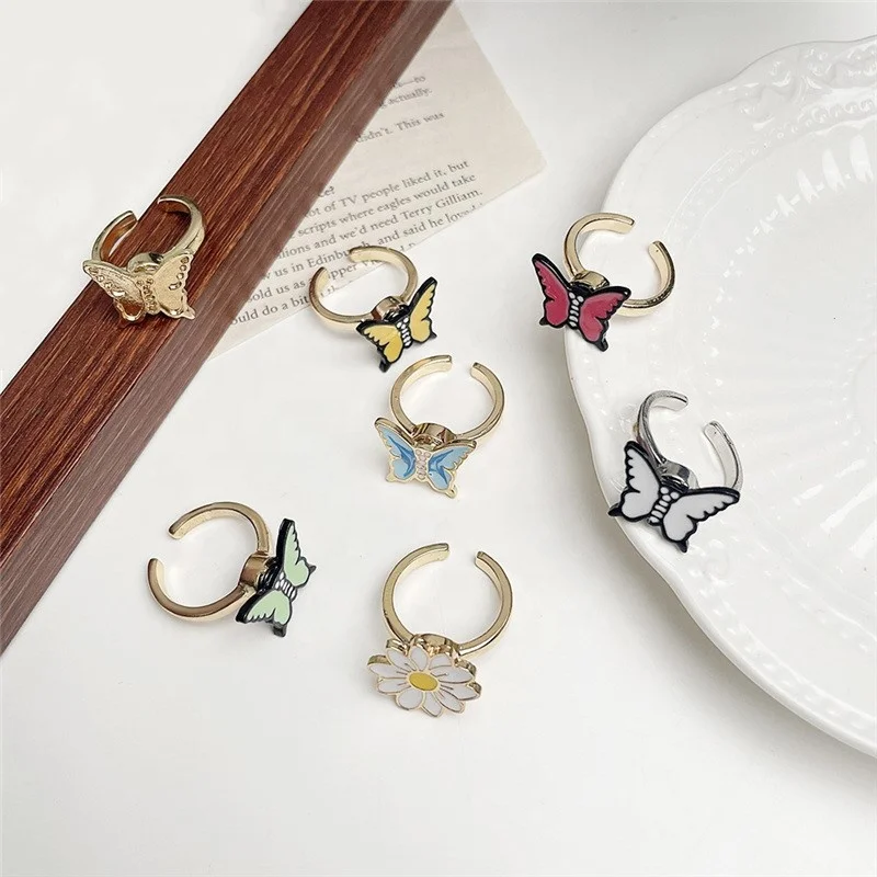 

Cute Funny Jewelry Gold Plated Rotate Enamel Butterfly Anti-anxiety Opening Spinning Fidget Ring For Women Children