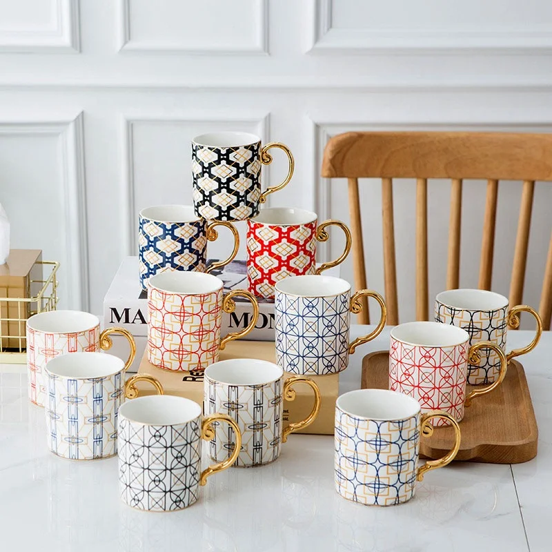 

Creative geometric checkered pattern hand-painted gold handles couple drinkware mug, As the picture