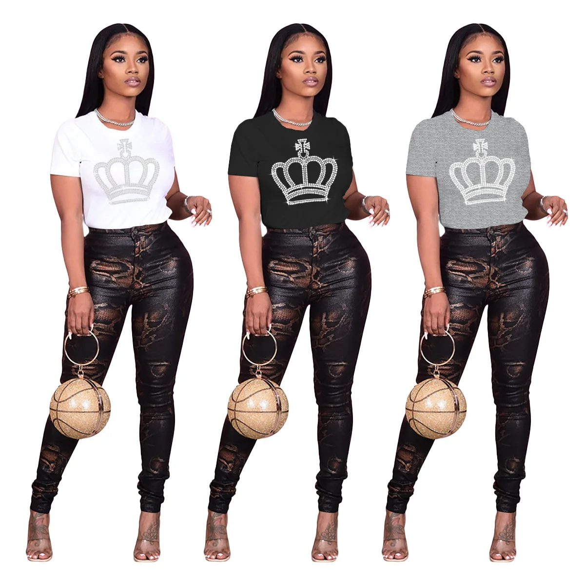

2022 Explosive Models Summer Wholesale Casual O-neck Short Sleeve Pullover Diamonds Slim Women's T-Shirts, Black,white,gray