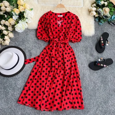 

French Summer Polka Dot Print V-neck Puff Sleeve Maxi Dress For Yong Girl