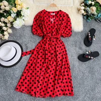 

French Summer Polka Dot Print V-neck Puff Sleeve Maxi Dress For Yong Girl