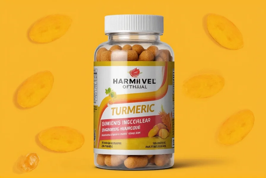 Turmeric gummies with ingredients showing curcumin and piperine content