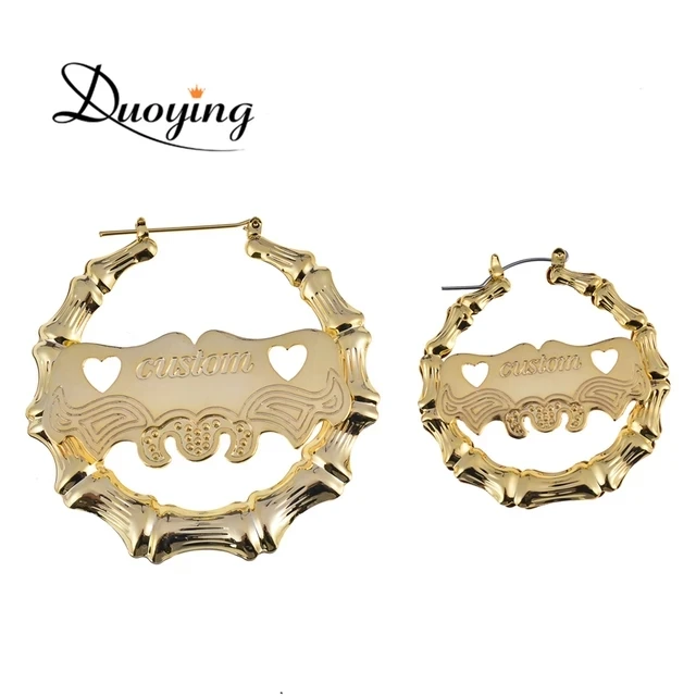 

2020 Fashion Trend Fashion New Personalized Earrings Heart Printing name jewlries Hoop Custom Bamboo Earrings, Gold/rose gold/ silver