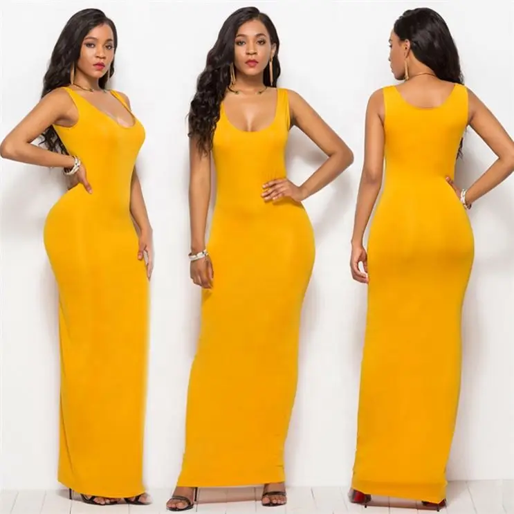 

High Quality Plain Dyed Women Sexy Solid Vest Elastic Slim Fit Maxi Dress, As picture