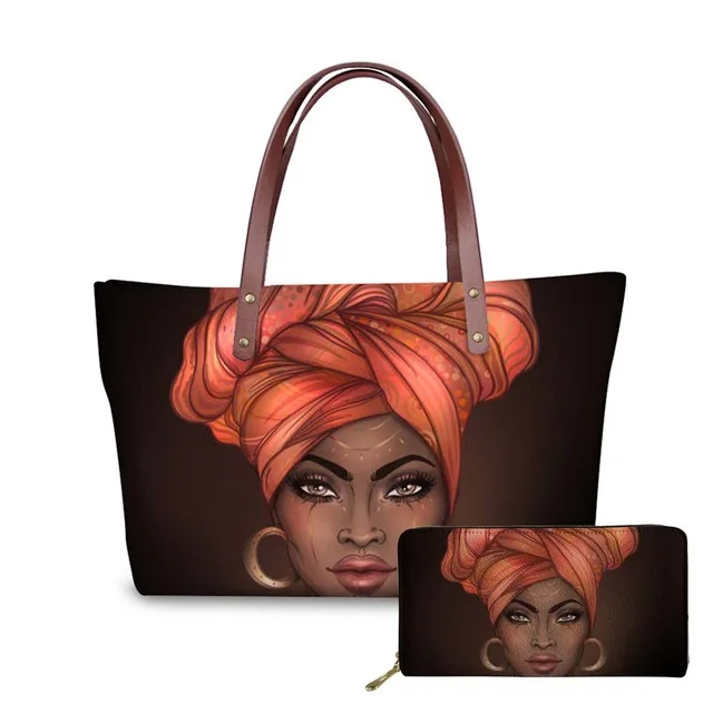 

Brand Luxury Design Handbags Women Black Art African Girl Printing 2pcs/set Hand Bag&Wallet Females Top-Handle Bags, As pictures or customized