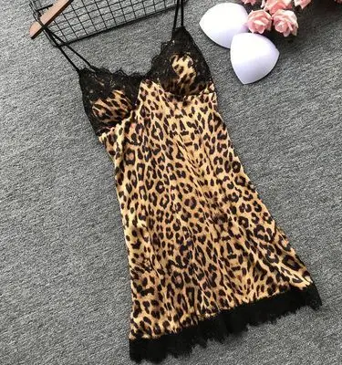 

YJC0296 Women Leopard Print Lace Nightgown Sexy V Neck Lingerie Spaghetti Straps Home Nightgown, Black,white,red,purple,pink,green,yellow...