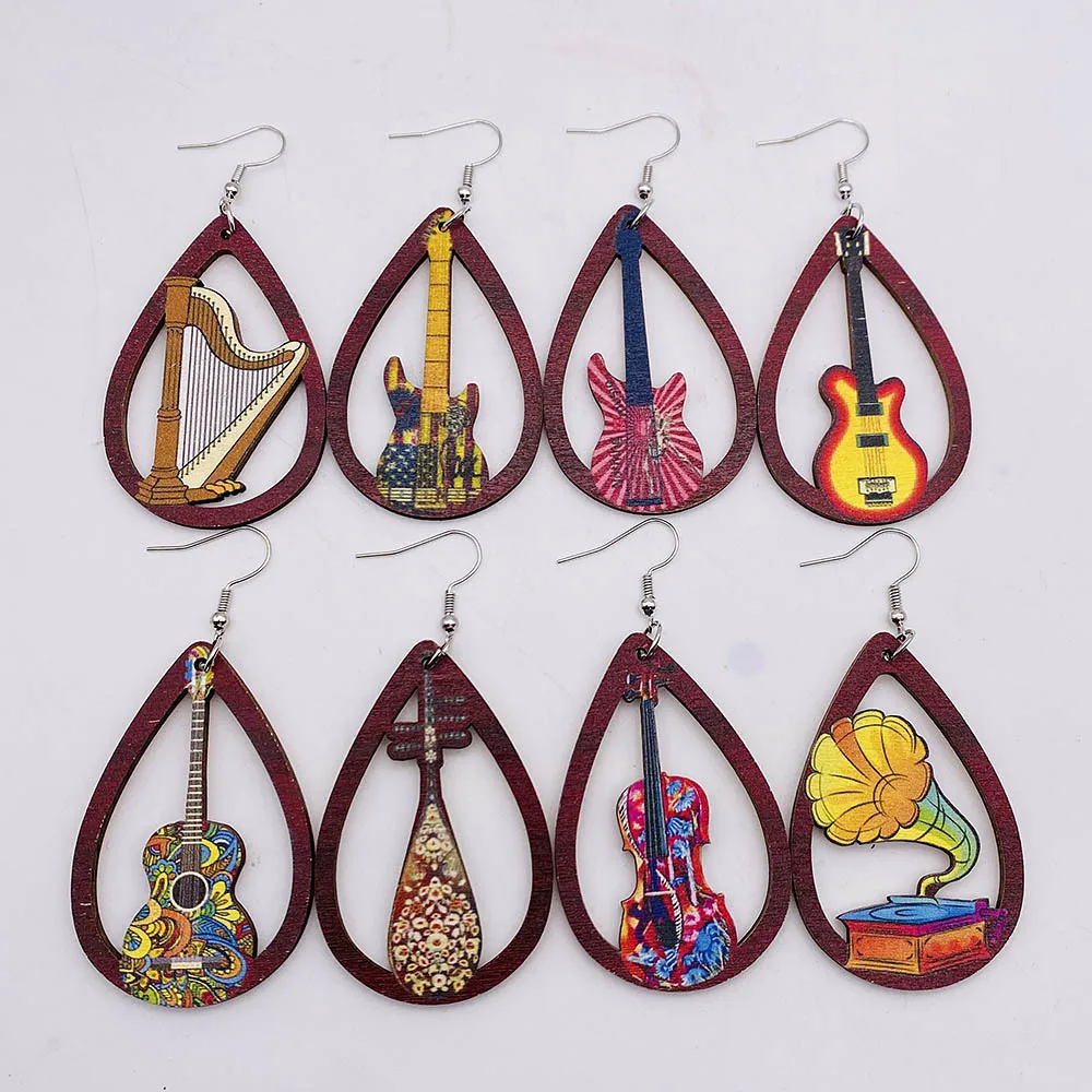 

Hip Hop Wooden Musical Instruments Earrings Fashion Guitar Hollow Teardrop Dangle Earrings For Women