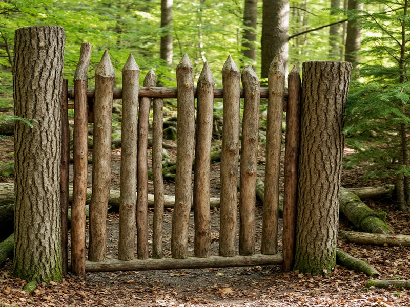 Rustic log fence crafted from natural branches in forest setting