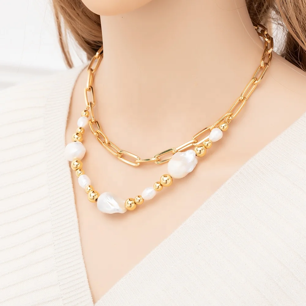 

Luxury two layered 18k real gold plated natural fresh water pearl oyster necklace for women jewelry, Cream and gold