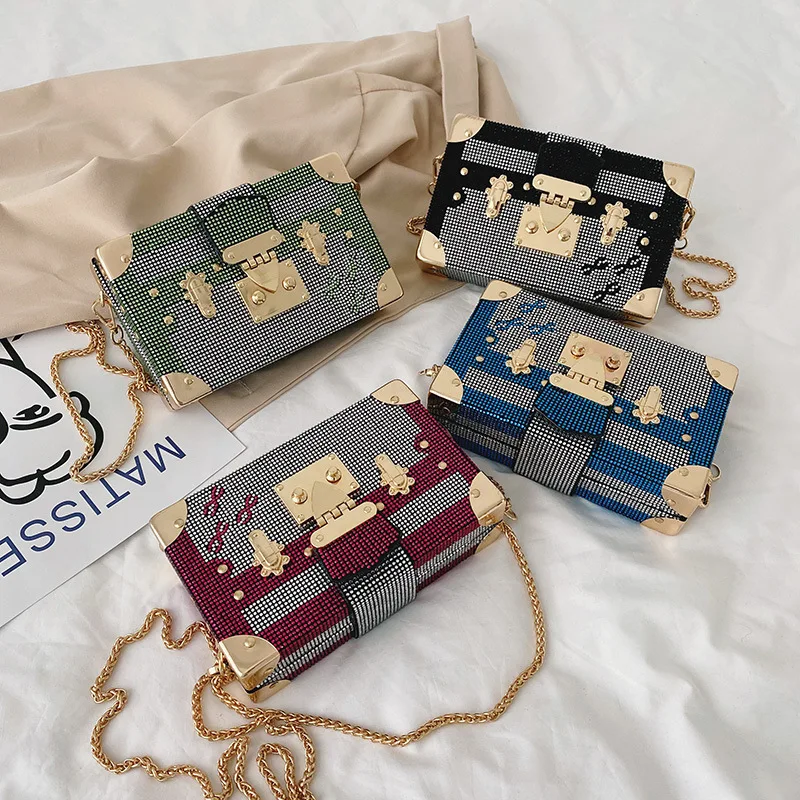 

Metal Badge Box Shape Purses And Handbags Luxury Evening Party Clutch Shining Sequins Women Hand Bags, Green, blue, black, rose red