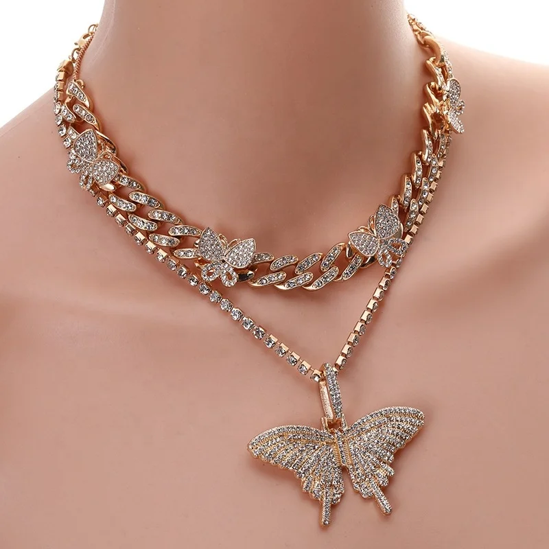 

2PCs Personality Full Diamond Hip-Hop Butterfly Necklace Cuban Necklace set, Silver and gold