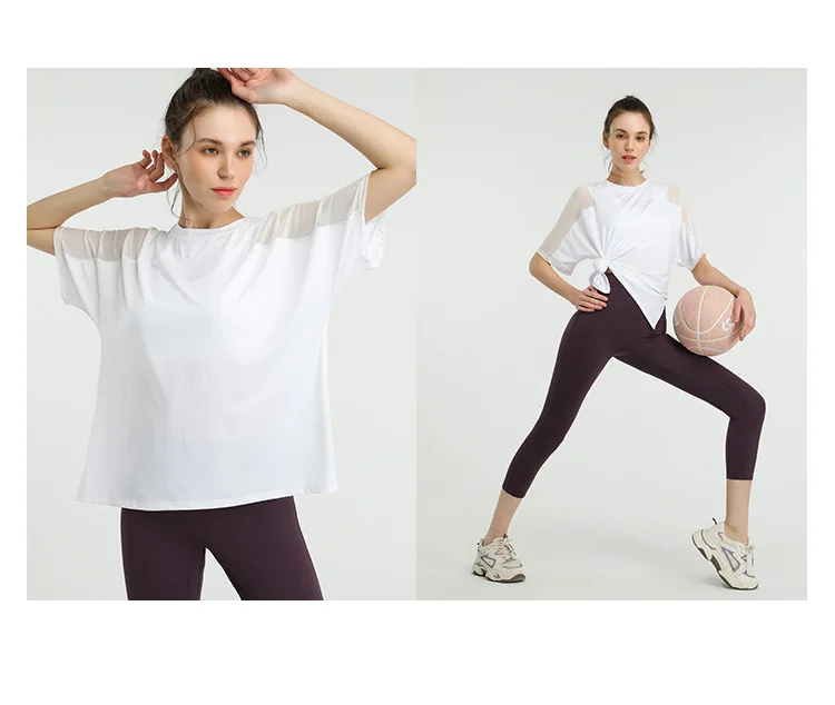 

Spring and summer fashion loose elastic mesh running t-shirt blouse stitching short-sleeved sport yoga clothes female fitness, 4 colors
