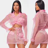 

pink transparent organza sexy clubwear 2 piece mini skirt set