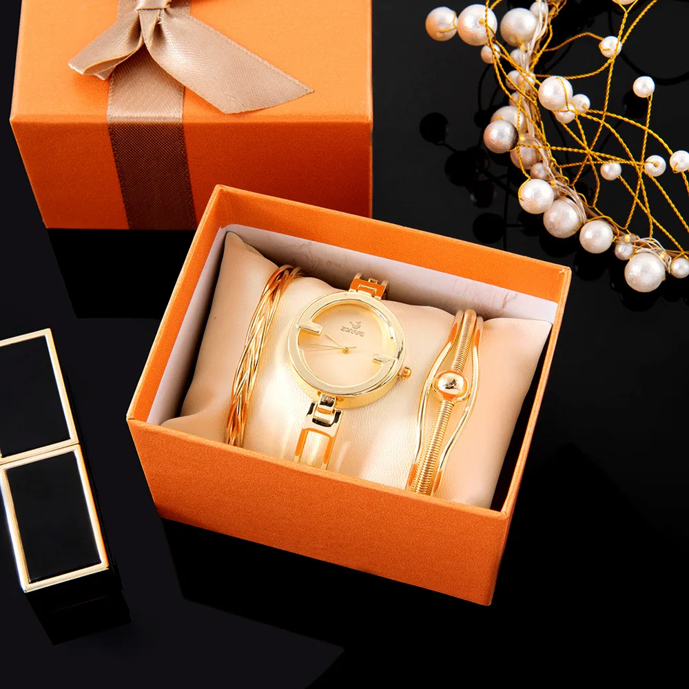 

Best selling girls gift 3pcs set casual gold custom bracelets simple watches lady, As pic