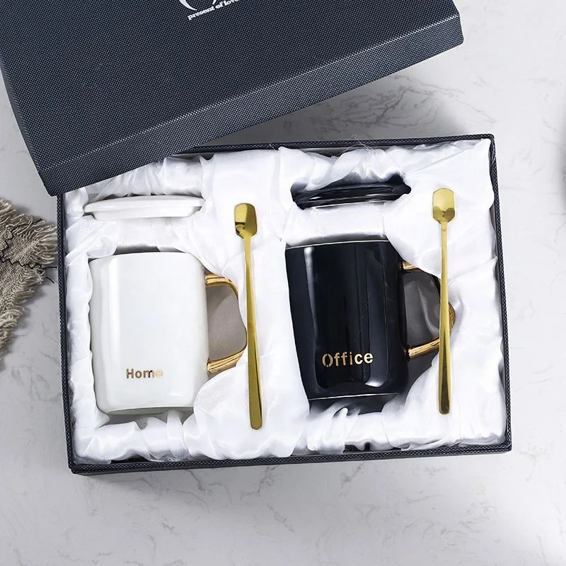 

400Ml Fit Lovers Gift Box Packaging Porcelain Drinking Coffee Cup Double Wall Ceramic Mug With Lid And Spoon, Black,white