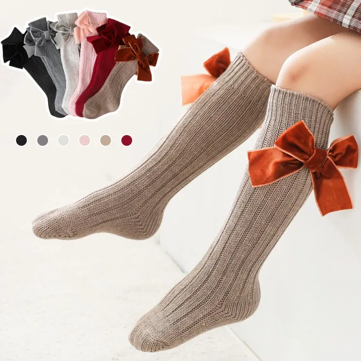 

2022 Spring Spanish Style Knee High Baby Kids Girls Dress Socks with Velvet Bow, Colors