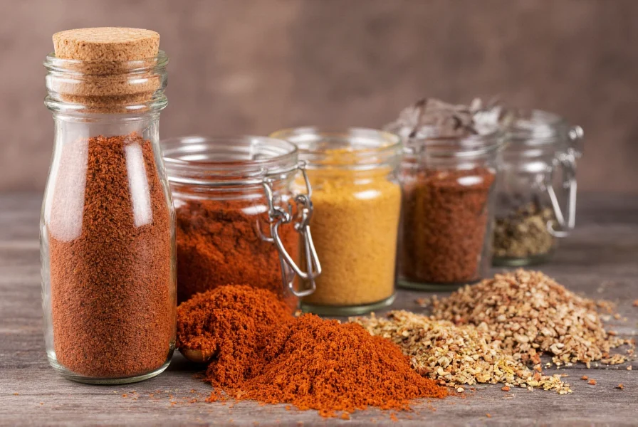 Homemade chili seasoning mix in glass jars with various spice ingredients arranged nearby