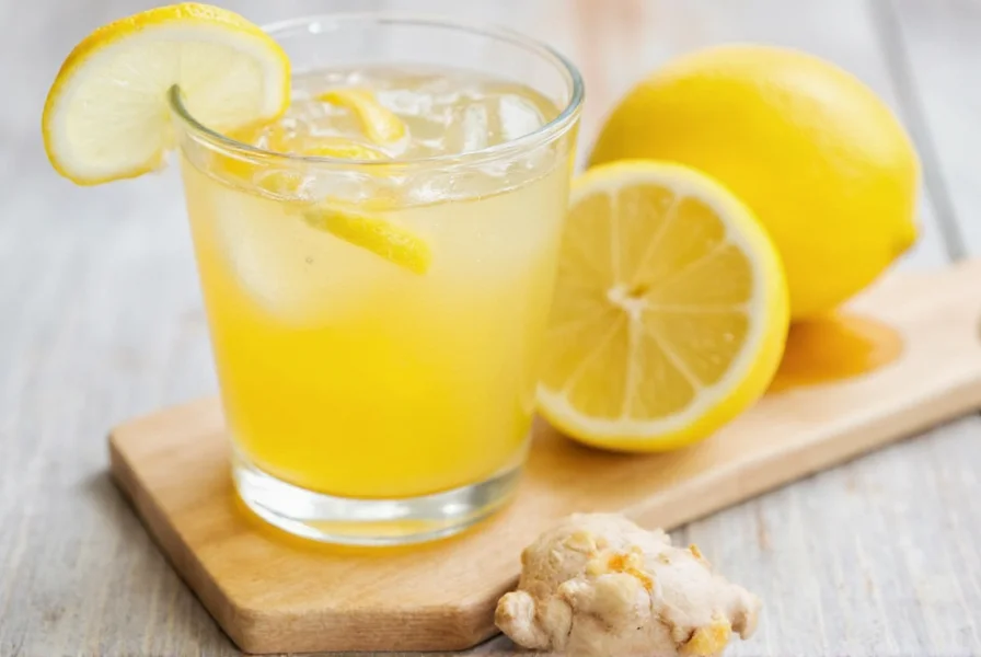 Glass shot glasses containing golden ginger lemon liquid next to fresh ingredients on marble surface