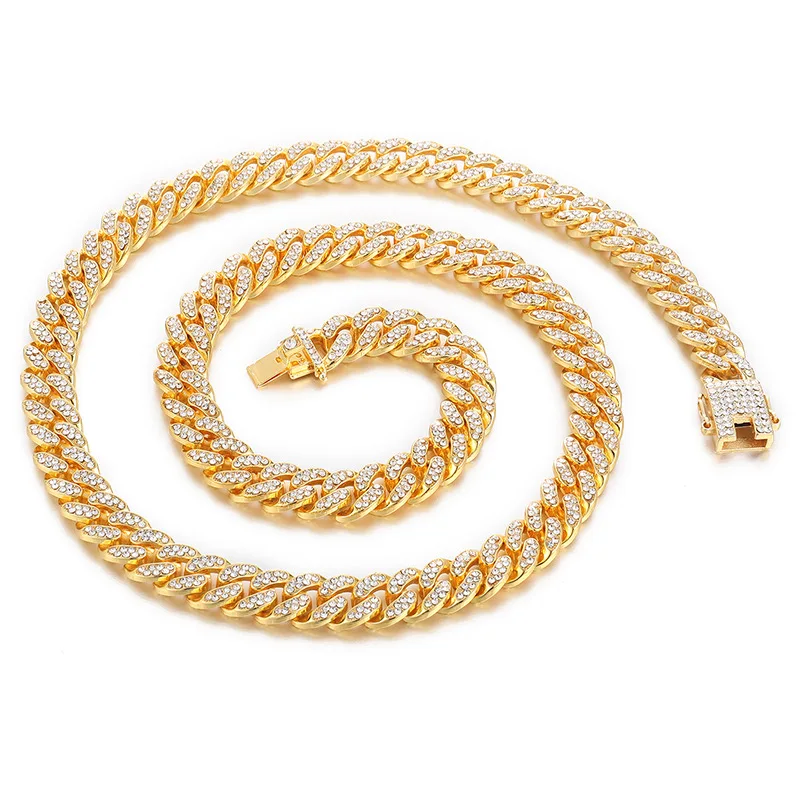 

12MM Full Diamond Hip Hops Necklace European 18K Gold Plated Prong Set Crystal Rhinestone Cuban Link Chain Bracelet