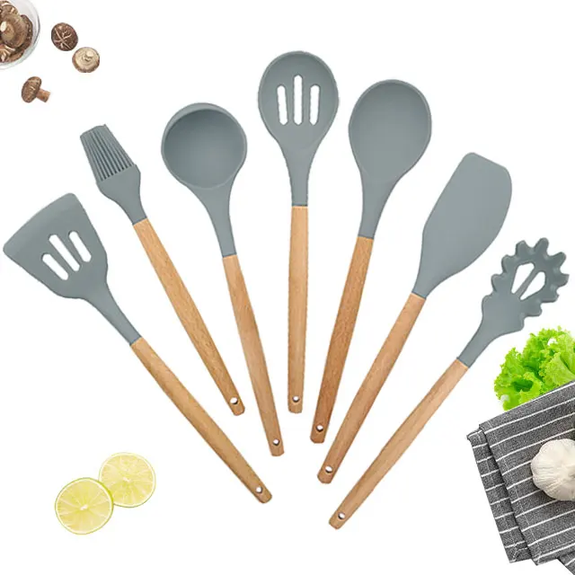 

Amazon Hot Selling 7PCS Cooking Utensils Set With Natural Wood Handle For Nonstick Cookware Best Kitchen Tools Silicone Utensil, Grey