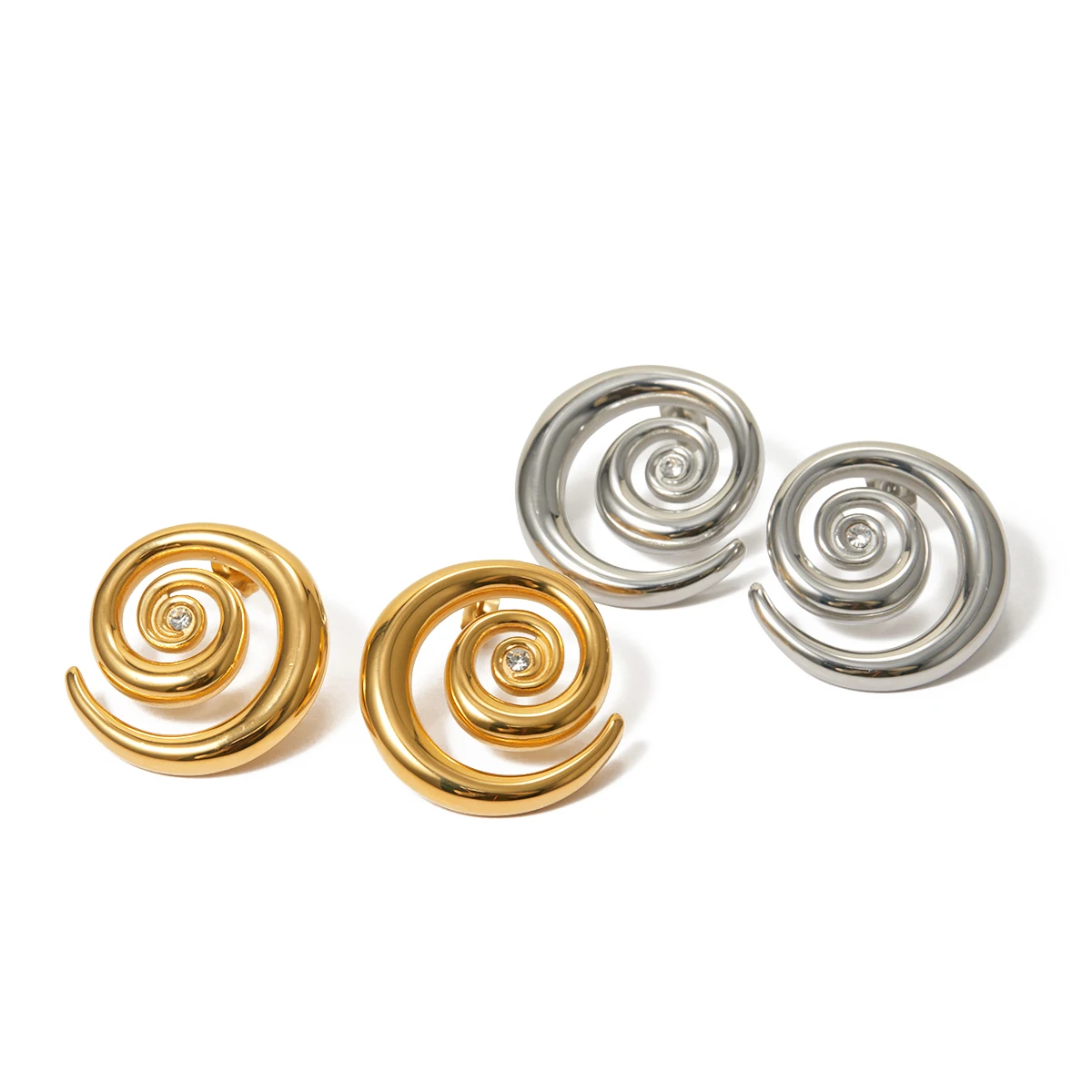 

J&D Minimalist Designer Stainless Steel Earrings 18K Gold Plated Handmade Swirl Spiral Zircon Earrings