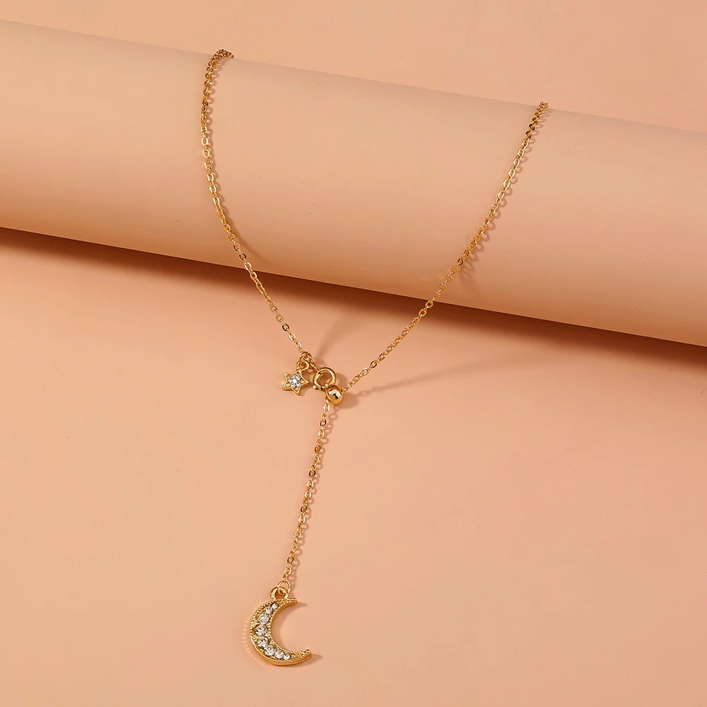 

Long Sparkling Moon Pendant Set With Diamond Star Gold Chain Custom Woman Jewelry Necklace