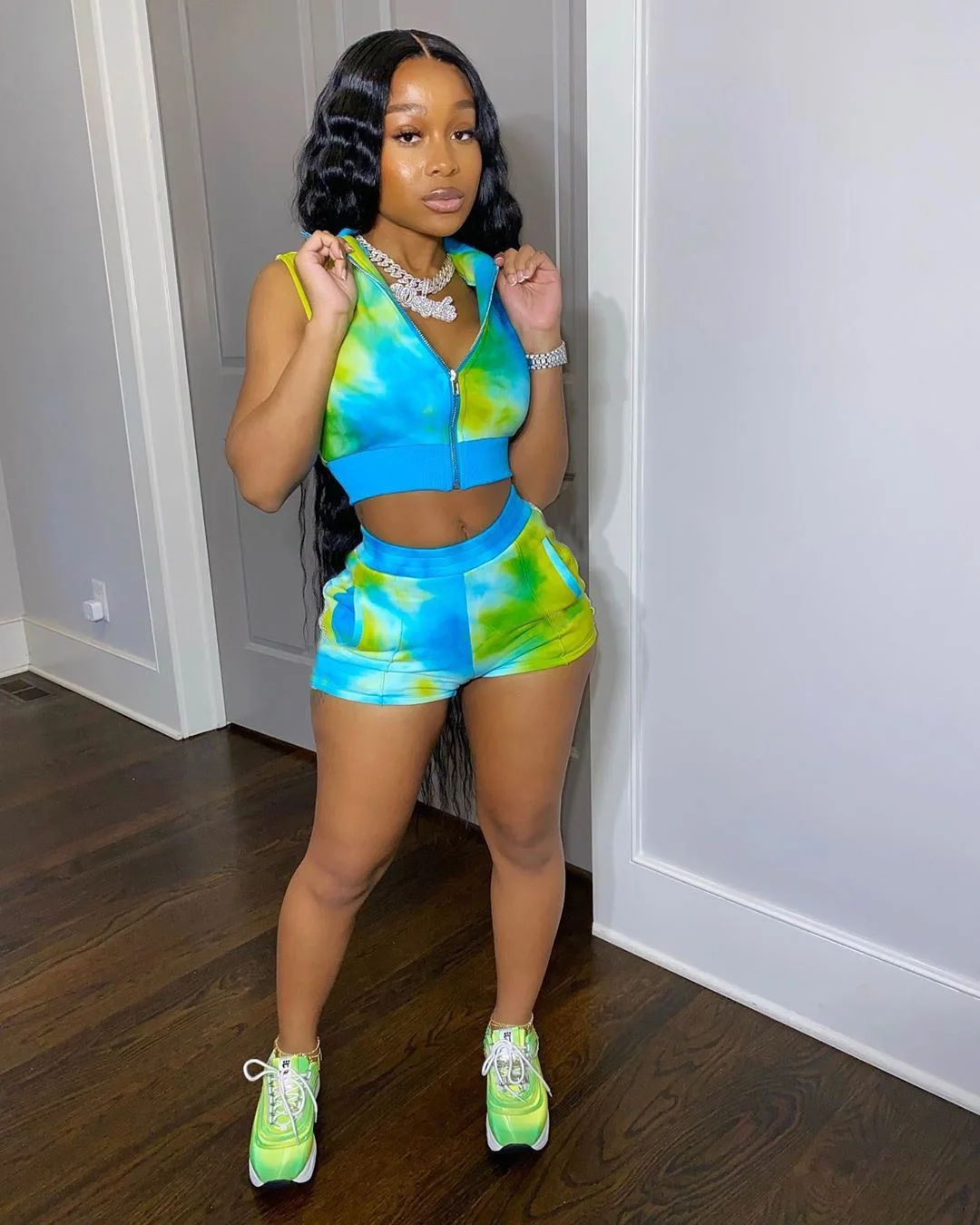 

Summer Stand Collar Zipper Up Sleeveless Tie Dye Pink Tracksuit 2 Piece Short Set Women, Pink,cyan,blue,purple,yellow