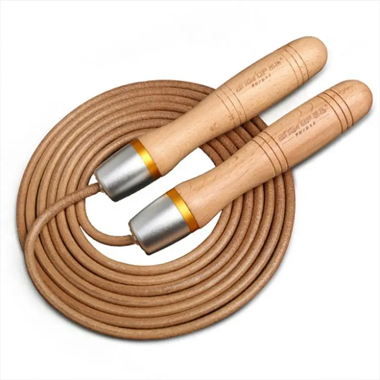 

OEM Custom wholesale factory speed sports training wooden handles cowhide rope leather skipping jump rope From China