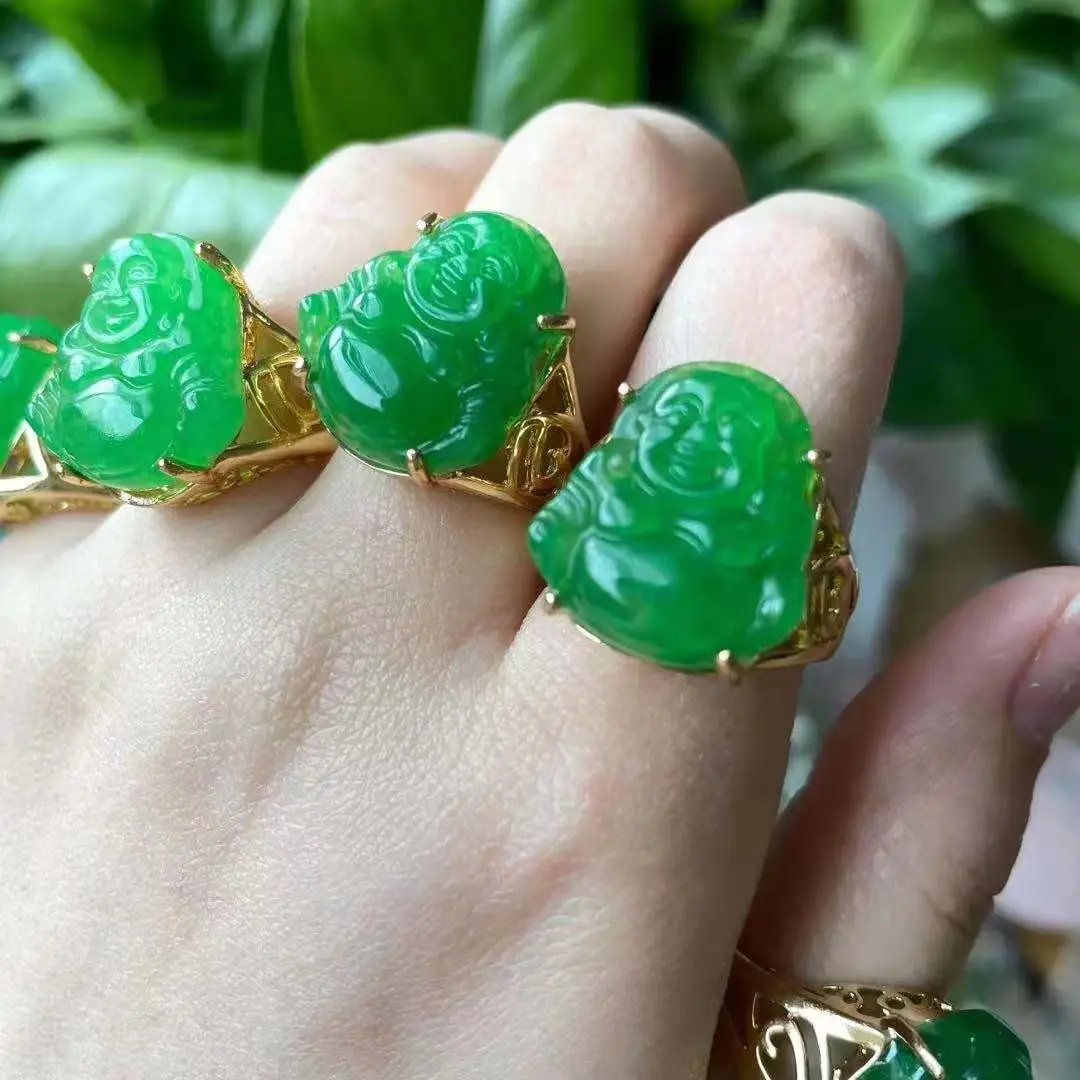 

Natural A Goods Laughing Buddha jade Ring Green Moist 18K Gold Ring