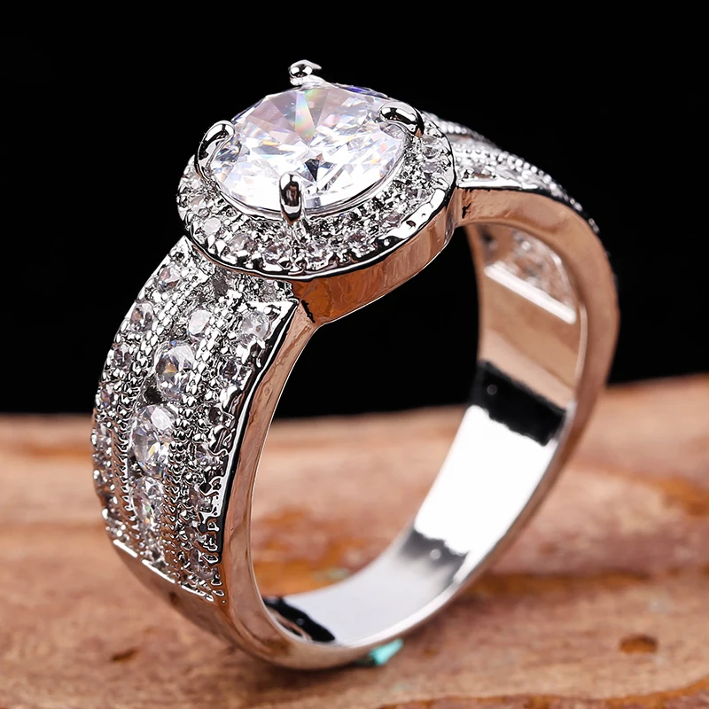 

In Stock 8mm Big Diamond Girl's Ring White Zircon Stone Couples Engagement Rings Fashion Jewelry