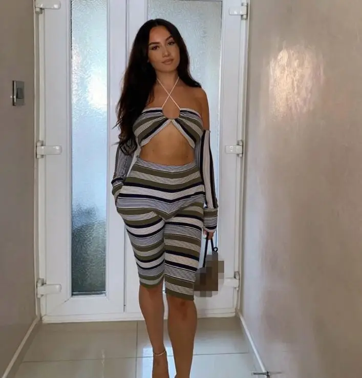 

fashion casual stripe long sleeve tops knitted pant suit female sexy off the shoulder two piece set, As pics