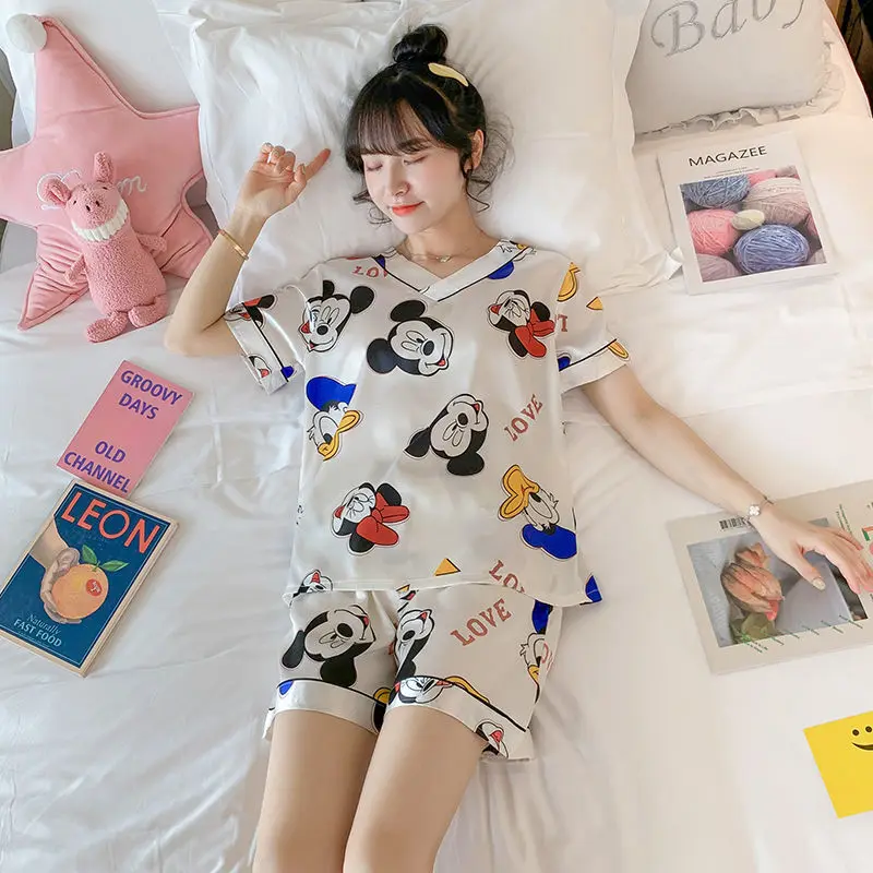 

Ladies Cartoon Satin Sleeping Clothes Short Sleeves Pajamas 2 Piece Set Pyjamas Women Sleepwear Top Fashion Pijamas de Animal, Picture shows