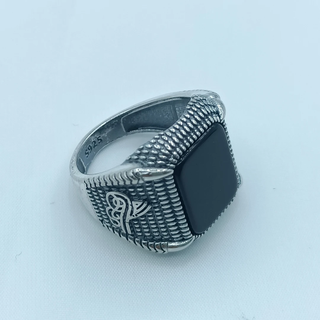 

925 sterling silver classic vintage natural black agate closed oval men's ring manufacturer wholesale jewelry