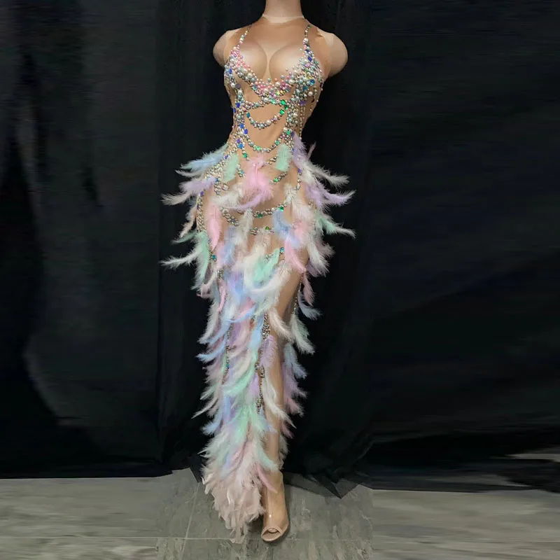 

sexy girls crystal bling curvy women evening dresses see-throught feathered low-cut high fork skinny long maxi bodycon