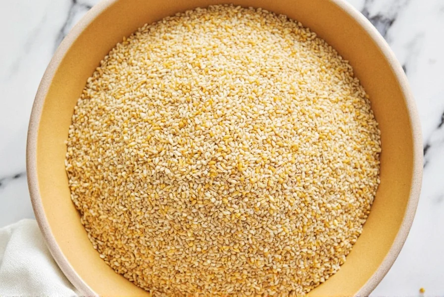 Mix of organic spices including sesame seeds on a wooden table